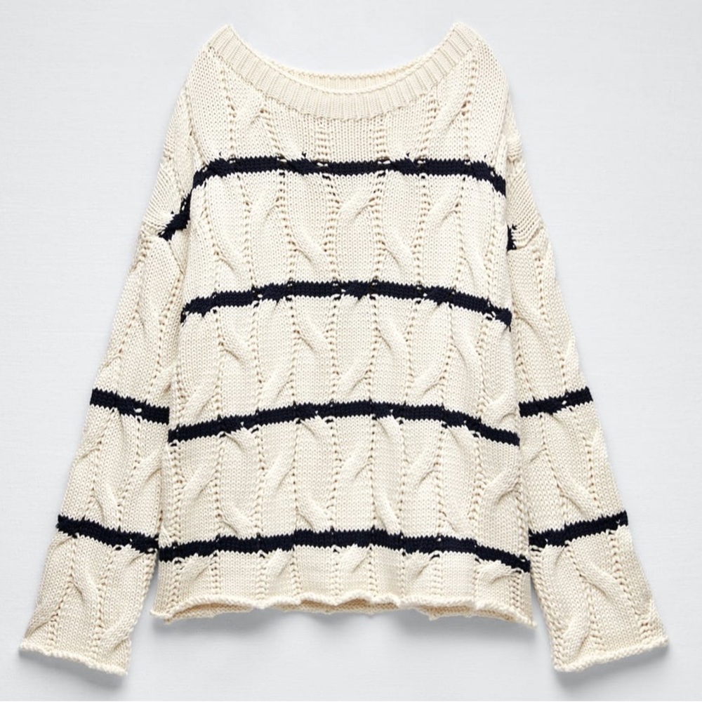 Zara Striped Wide Sleeve Knit Boatneck Sweater